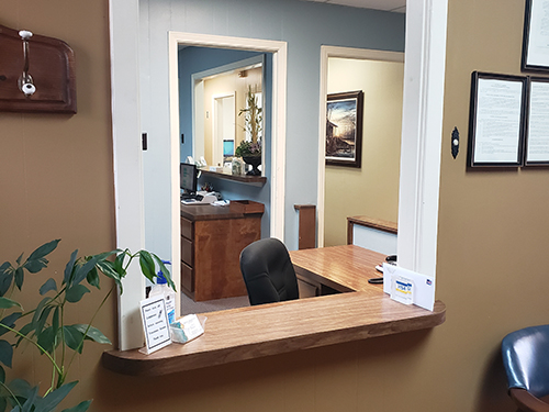 The image shows an interior view of a reception area, featuring a desk with a computer monitor, a chair, and a potted plant. There is a person standing at the counter in front of a framed diploma.