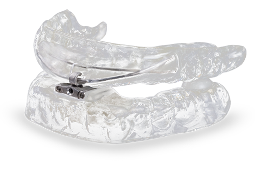 Clear plastic dental retainers on display.
