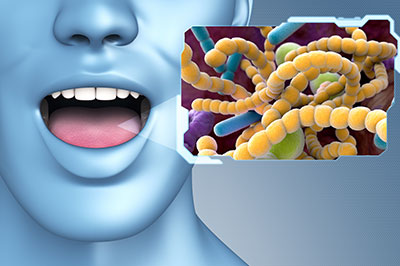 The image features a 3D rendering of a human face with an open mouth, superimposed on a photograph of a microscopic view of bacteria or viruses.