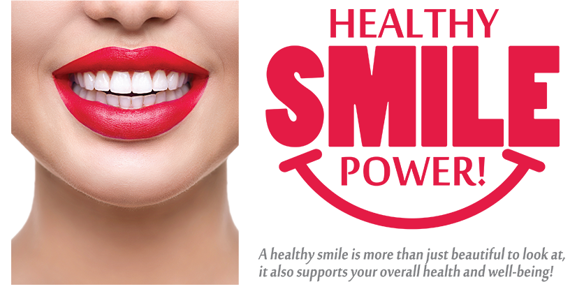 The image is a graphic advertisement for a dental service, featuring a woman with red lipstick and the text  HEALTHY SMILE POWER  prominently displayed.